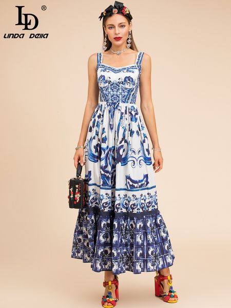 

basic casual dresses ld linda della fashion runway summer cotton dress women's spaghetti strap blue and white porcelain printing vacati, Black;gray