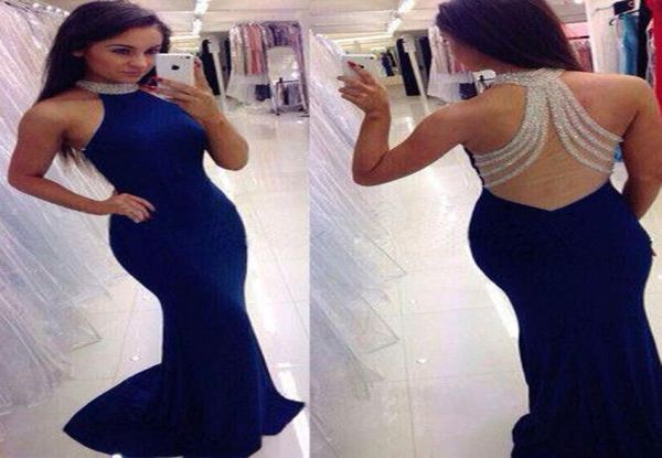 

open back blue halter neckline prom dresses mermaid backless graduation dress formal prom gown thick satin3842685, Black