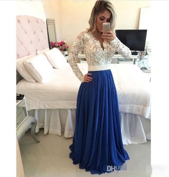 

arabic fashion new lace long sleeves evening dresses v neck beading sash chiffon floor length formal prom party dresses evening we1665608, Black;red