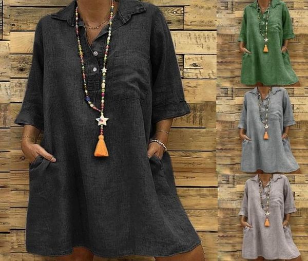 

large plus size 2019 women039s solid boho turndown collar dress 34 sleeve casual pocket button dress vestido 6 t2522977, Black;pink