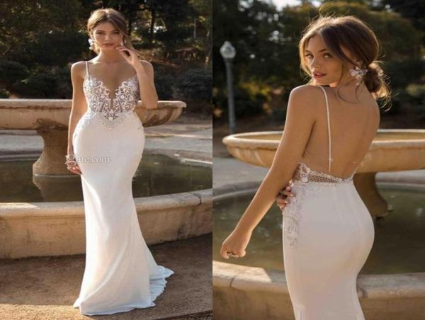 

2020 custom made berta mermaid backless wedding dresses plunging neck beaded beach lace bridal gowns bohemian plus size vestido de6521739, White
