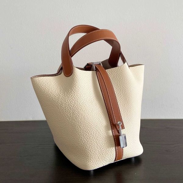 

luxury picotin lock bag 2023 new advanced headfelt layer cowhide litchi pattern colored vegetable basket bucket fashion versatile handheld w