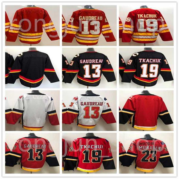 

2022 calgary black hockey jerseys 19 matthew tkachuk 13 johnny gaudreau 23 sean monahan stitched flame jersey home red heritage classic, Black;red