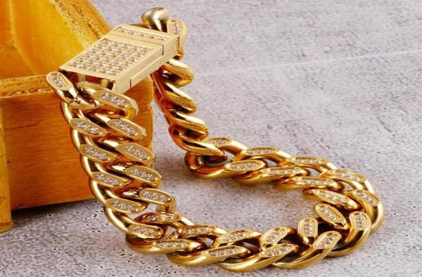 

14mm wide chain bracelet men gold stainless steel man bracelets with cz setting mens boys biker jewellery accessories247a4922314, Black