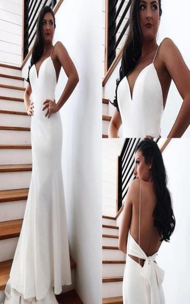 

2020 beach backless wedding dresses open back with bow long train mermaid bridal gowns robe de soriee bm15521959464, White