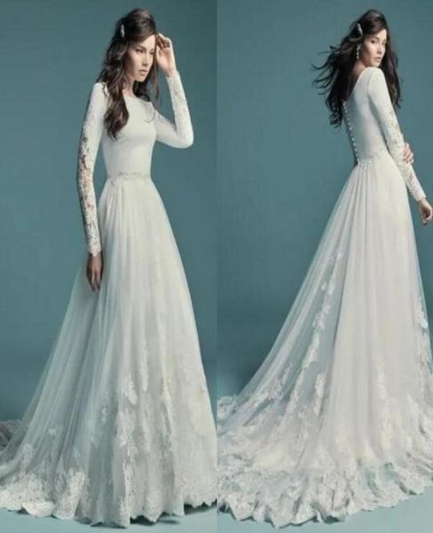 

elegant lace a line wedding dresses sheer crew neck long sleeves tulle applique beaded wedding bridal gowns with buttons robes de 1919213, White