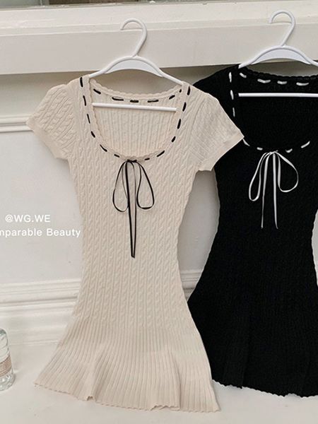 

urban dresses summer korean fashion short sleeve gyaru knit u neck dres 2023 bodycon slim evening frocks party design 230719, White;black