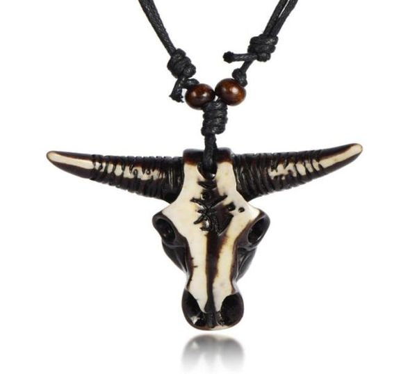 

vintage ethnic biker bull skull goat head necklace male pendant necklaces cow pagan pendant retro leather resin neclace men33706548292036, Silver
