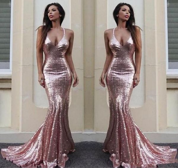

rose gold sequins mermaid bridesmaid dresses 2020 halter backless sweep train maid of honor wedding guest dress junior brides7334952, White;pink