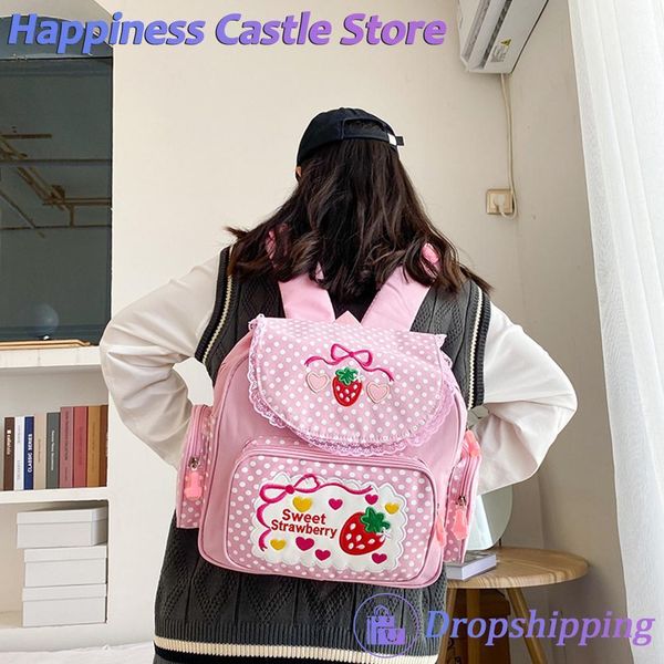 

school bags kawaii outdoor daypack cute strawberry embroidery student mochila dots multipocket nylon fashion college for teen girls 230720