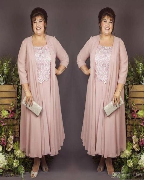 

new ankle length plus size mother of bride dress with coat lace chiffon 34 sleeve mother of groom suit wedding party gowns3738193, Black;red