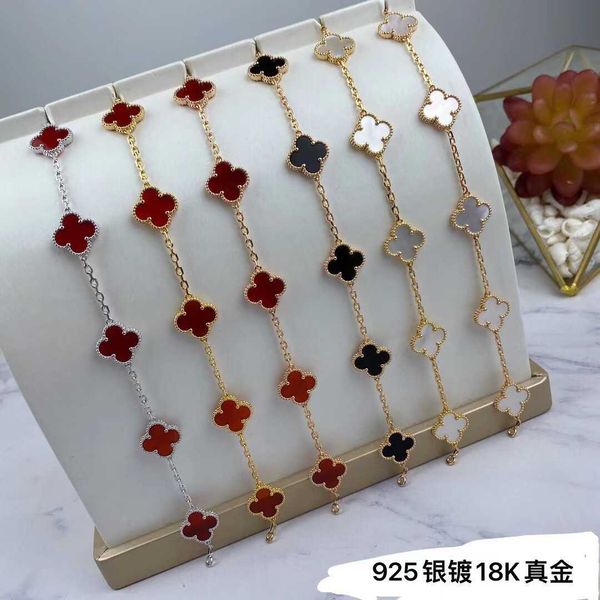 

s925 sterling silver four-leaf clover five flower bracelet small crowd luxury net red lucky double-sided white fritillary carnelian jewelry, Golden;silver