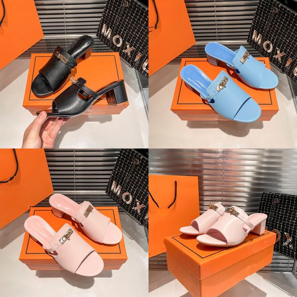 

2023 new women's chunky high heel sandals chypre slippers luxury designer leather summer classic slides fashion beach kelly buckle h sl, Black