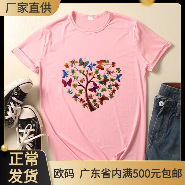 

shirt women casual round neck short sleeve butterfly tree, White