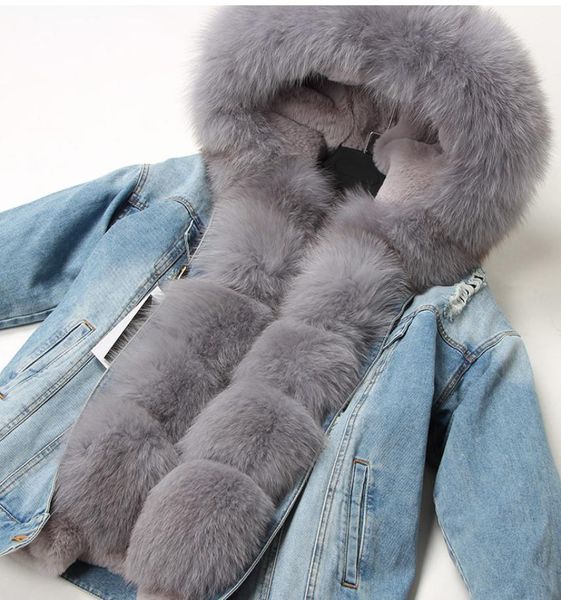 

maomaokong natural rabbit fur lined denim jacket fox fur coat coat fashion denim fox fur warm lady winter jacket women parka y20103732973, Black