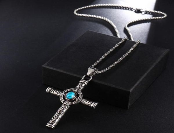 

fashion natural black blue turquoises cross pendant necklace men vintage stainless steel religious jesus crucifix male jewelry94968790024, Silver