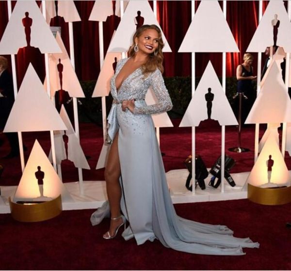 

deep vneckline long sleeves evening dresses vestido de noche red carpet celebrity dress high split lace crystal beaded eveni9504891, Black;red