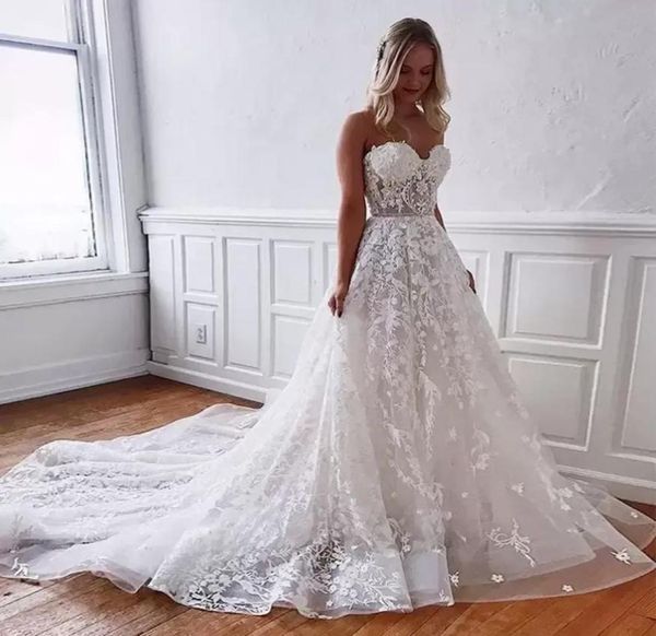

romantic lace tulle wedding dresses sweetheart backless 3d appliques sequins long summer beach boho bridal gowns plus size bc6700661, White
