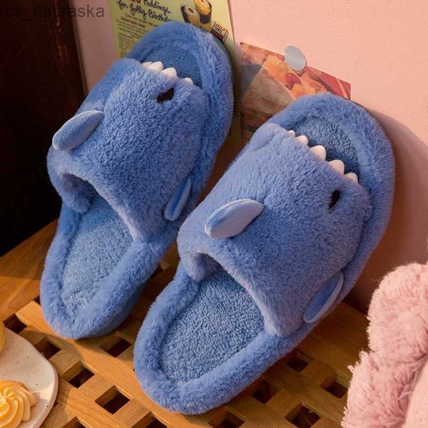 

comwarm autumn and winter cartoon shark wool slippers for women soft home men' indoor household open toe plush cotton slippers l230518, Black;grey