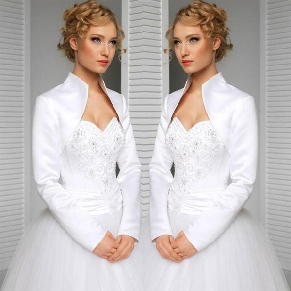

real custom made size and color wedding jacket satin long sleeves high collar bride accessories bridal bolero shrug wraps sh3202, White