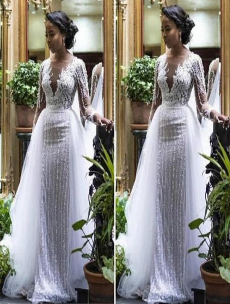 

luxury long sleeve lace wedding dresses with detachable skirt illusion open v neck bridal gown vestido de noiva custo7366823, White