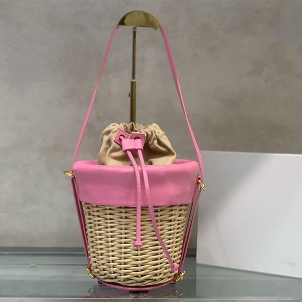 

classic raffia wicker bag drawstring basket handbag womens designer purses straw bucket weave travel separable patchwork tote handbags clutc