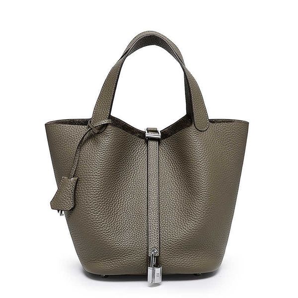 

luxury picotin lock bag women's new 2023 south korean small crowd lychee grain first layer kraft vegetable basket bag leather portable
