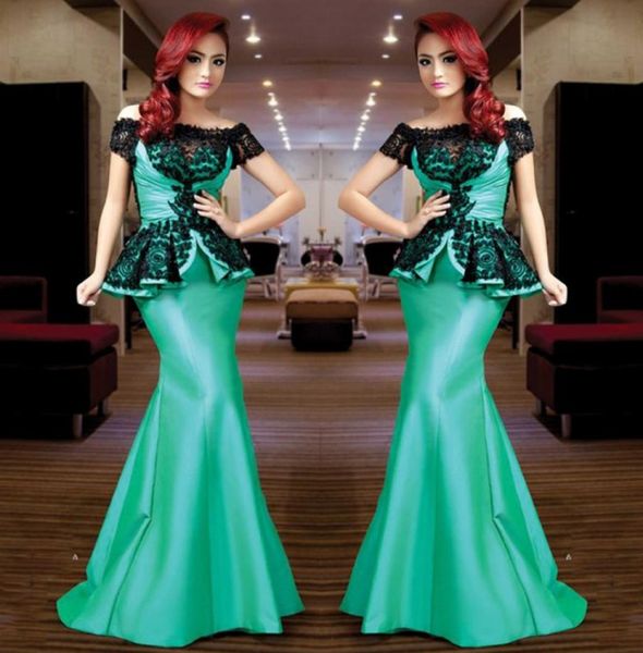 

charming green mermaid evening gowns black lace appliques off shoulder prom dresses peplum arabic women formal party dress 815818, Black;red