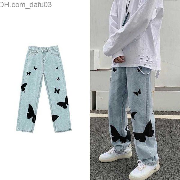 

men's jeans men's jeans 2021 butterfly print for men pants loose baggy casual denim stretch straight fashion trousers women clothi, Blue