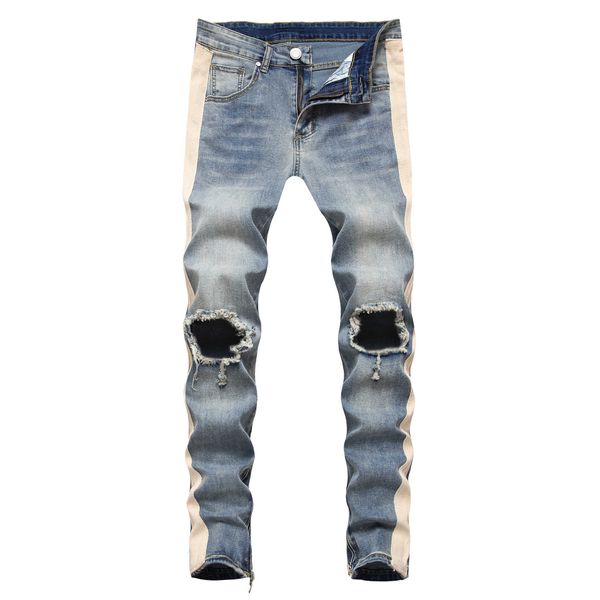 

new men's denim with white stripe edge, damaged knee, old fit side zipper, small feet jeans, Blue