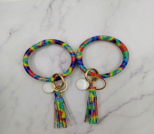 

tie dye bracelet keychain pu leather tassel bracelet keychains tiedyed round leather tassel bangle o key ring5272845, Slivery;golden