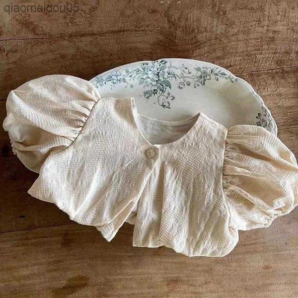 

2023 spring new baby girl short sleeve cardigan solid infant princess coat puff sleeve toddler girl cardigan fashion clothes l230712, Blue;gray