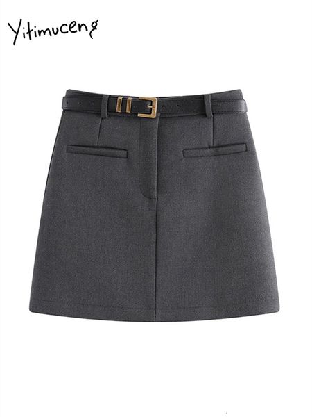 

skirts yitimuceng grey mini skirt for women 2023 fashion belt summer high waist a line vintage casual slim y2k 230720, Black