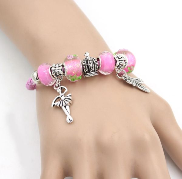 

new pink leather bracelet pink lampwork murano glass bead ballet shoe dancing ballerina charm bracelets for women girls jewelry gi7477373, Golden;silver