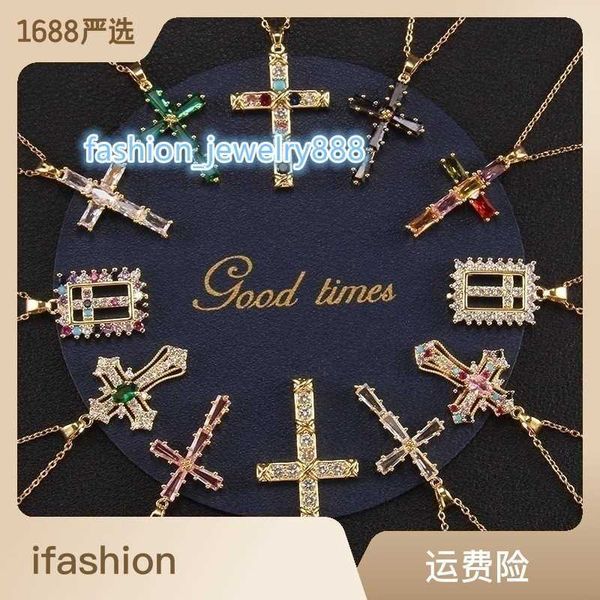 

fashion moissanite necklace pendant colorful diamond cross necklace for men and women small design embedded gem necklace pendant ing, Black
