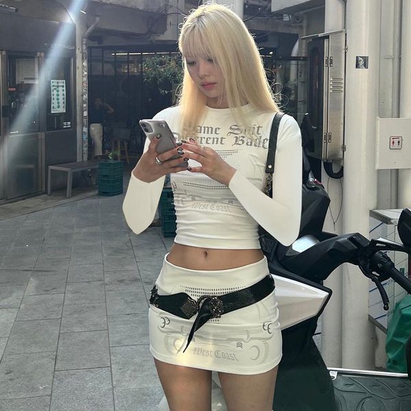 

women s two piece pants lygens letter print o neck long sleve high waist crop t shirt skirt set for women festival outfit summer 2023 230720, White