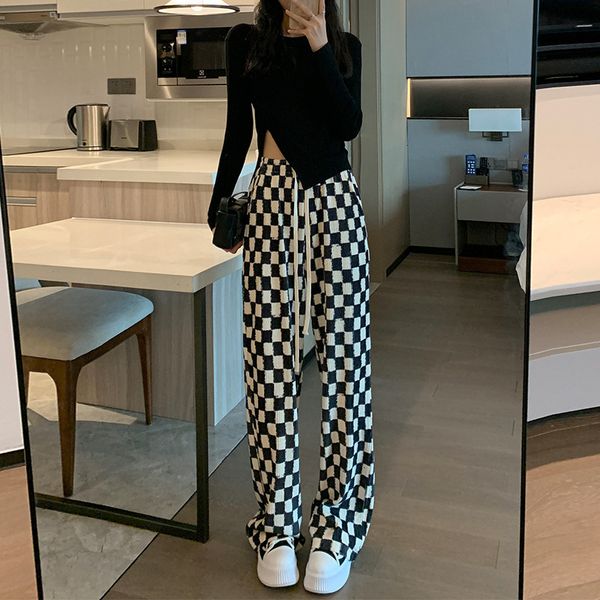 

women's pants s black white check trousers spring autumn casual straight loose vertical chessboard wide leg 230719