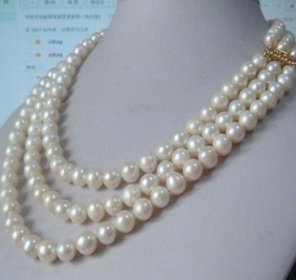 

fine pearls jewelry hutriple strands 9-10mm real south sea white pearl necklace 18-22"9246662, Silver