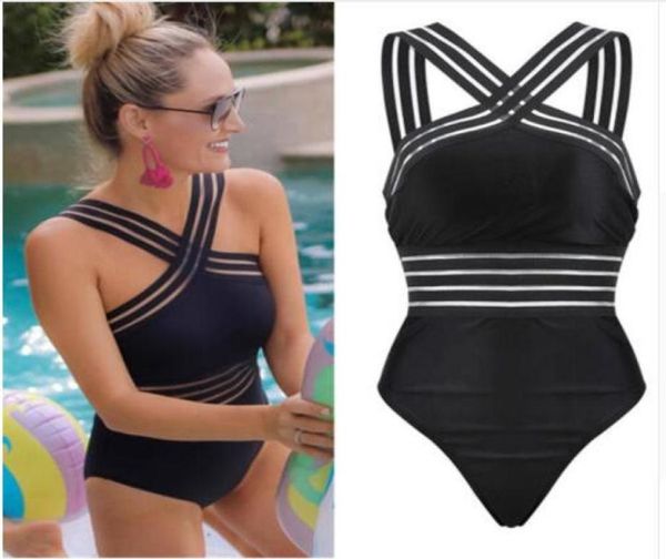 

2019 one piece swimsuit women high neck bandage cross back neck monokini black swimwear women bathing suits swimming suit7958805
