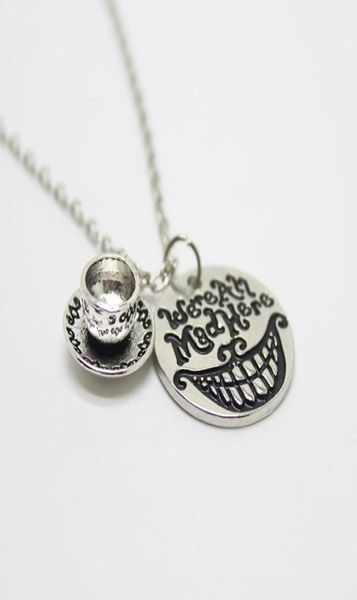 

alice in wonderland necklacequotwe039re all mad herequothand stamped letter pendant necklace cup charm cat smile gift fairy8071229, Silver