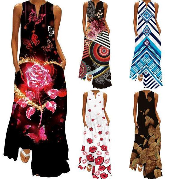 

summer womens sleeveless long dress v neck print vintage, Black;gray