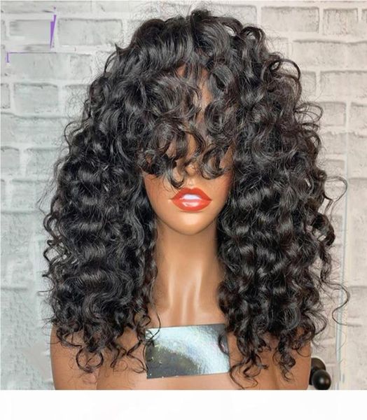 

afro curly 55 silk lace front wig with bangs pre plucked hairline malaysian human hair short kinky curly lace wig for women8677007, Black;brown