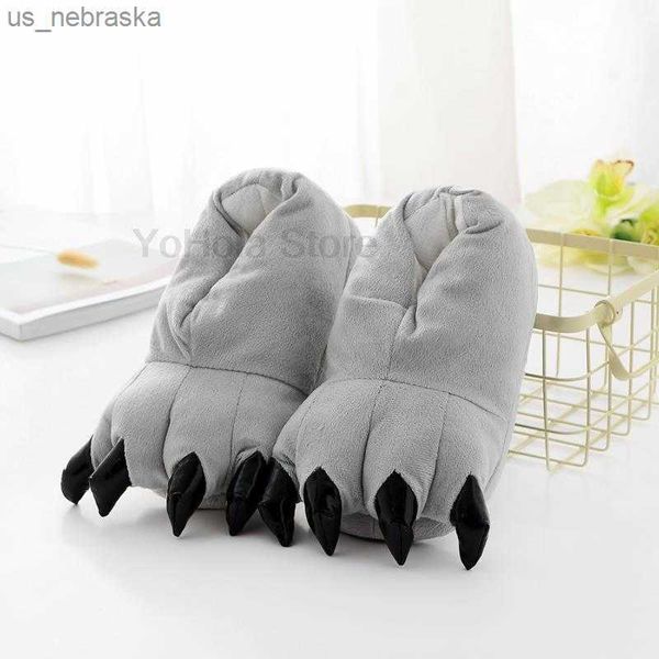 

warm cartoon cotton slippers cute funny animal paw slippers children boys girls house winter soft fluffy floor shoes l230518, Black;grey