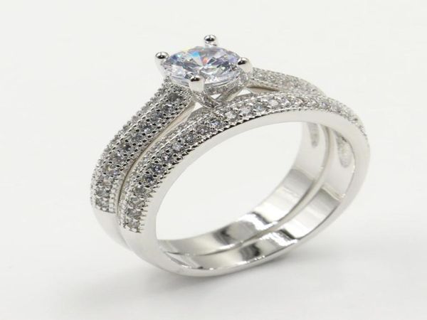

2019 new arrival fashion jewelry real 925 sterling silver round shape white z cz diamond women wedding bridal ring set for lov2980323, Slivery;golden