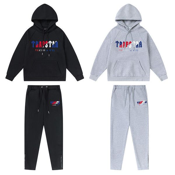 

trapstar full tracksuit hoodie rainbow towel embroidery decoding hooded sportswear men and women sportswear suit zipper trousers size s-xl, Gray