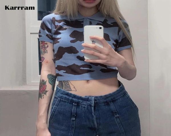 

women039s tshirt karrram korean fashion knit crop kpop kawaii turndown collar short sleeve tshirts grunge knitted japan4059590, White