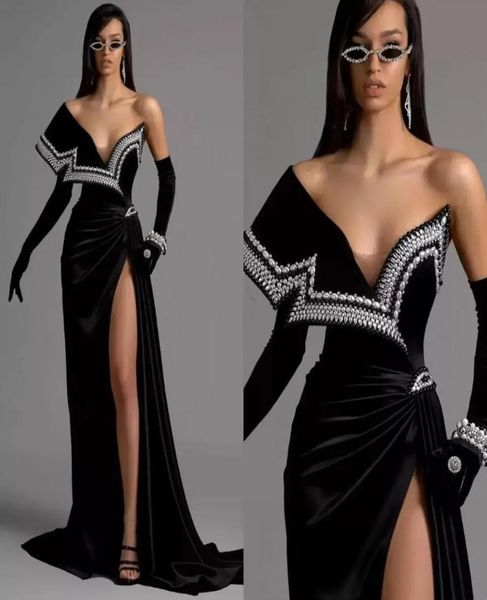 

2023 black velvet evening gowns sweep train off the shoulder mermaid prom dresses high slit pearls vestidos formal cele gw02107475000