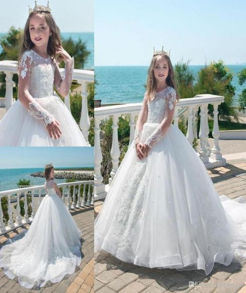 

vintage first communion dress sheer jewel lace appliques tulle ball gown wedding long sleeve flower girl dresses with pearls4791342, White;blue