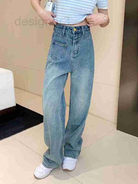 

women's jeans designer 2023 spring/summer new front single pocket decoration high waist emblem denim straight leg wide pants ins 92pd, Blue