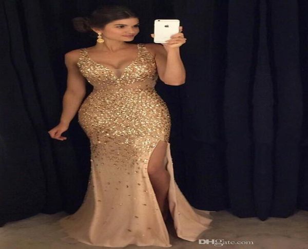 

2019 new luxury gold beaded mermaid evening dresses long plus size slit sleeveless vneck prom dress evening gown robe de soiree2410920, Black